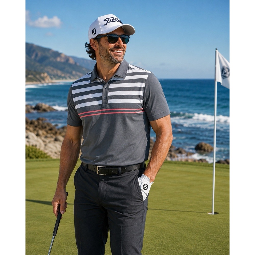 FootJoy Gray / White &Ink Stripes  Golf Polo Shirt Medium